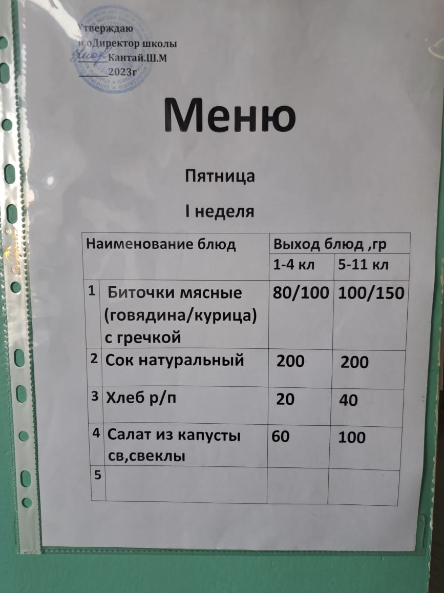 Сыдық Мұқамеджанов мектебінің жұма күнгі ас мәзірі