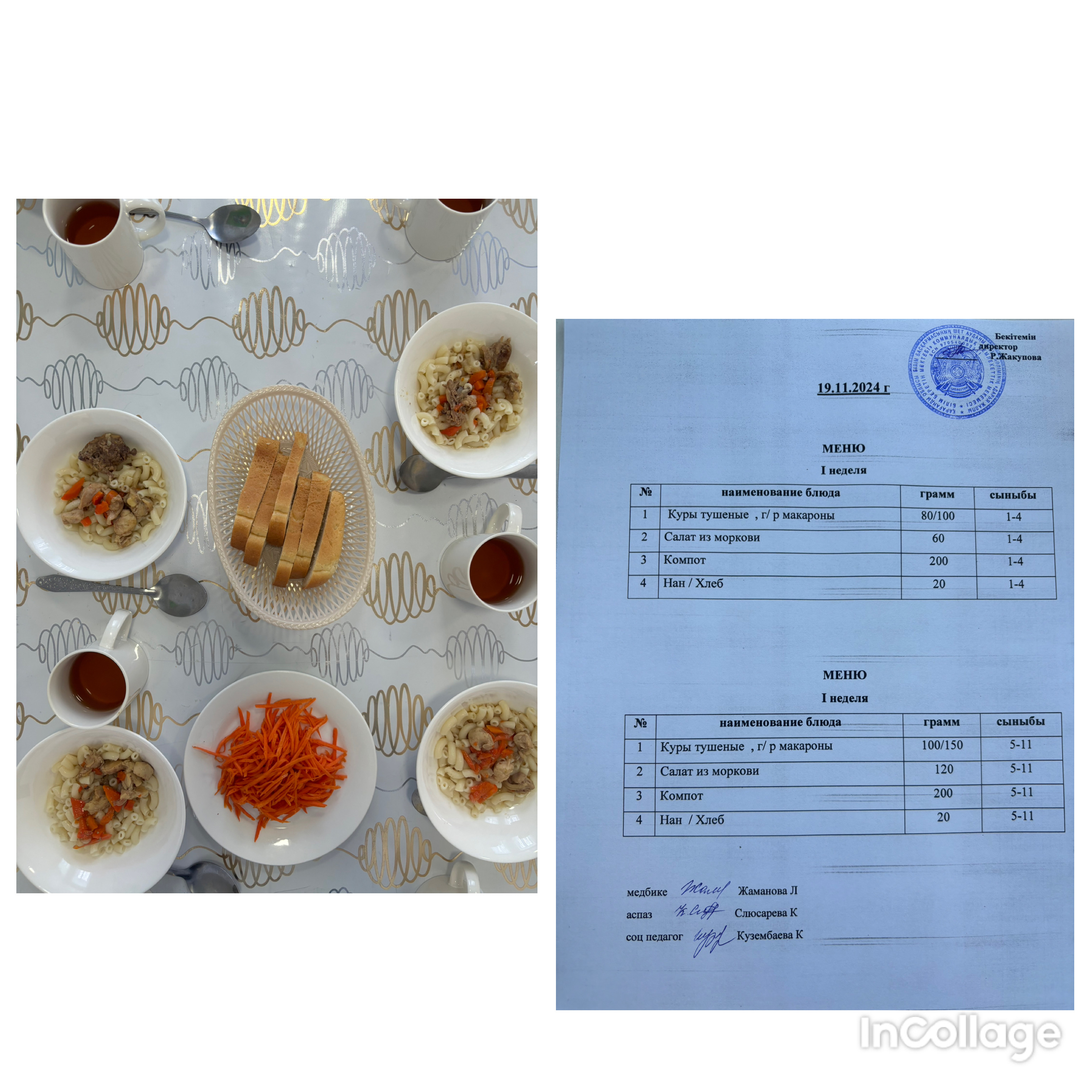 19.11.2024 ж бастауыш сынып және 5-11 сыныптың ас мәзірі