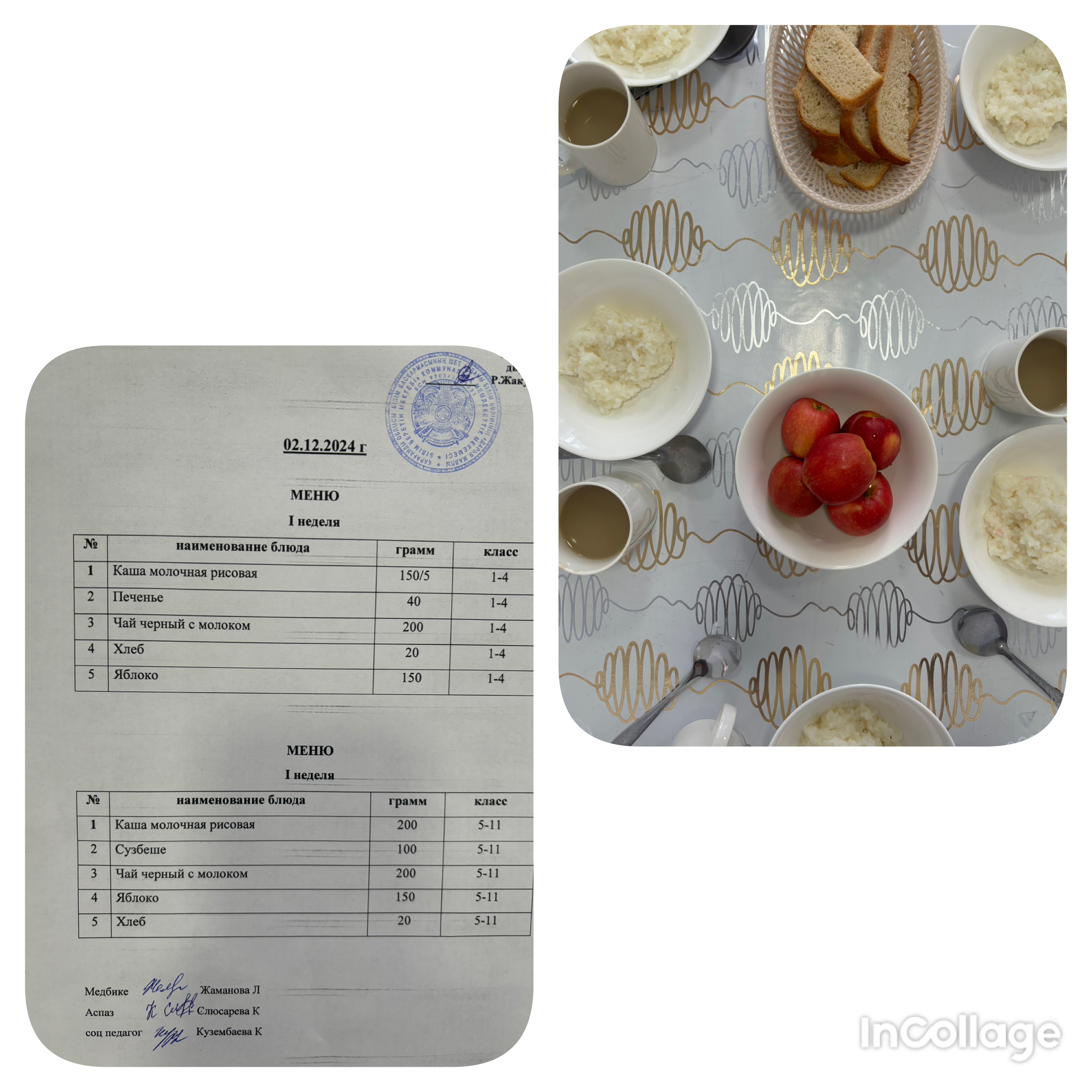 02.12.2024 ж бастауыш сынып және 5-11 сыныптың ас мәзірі