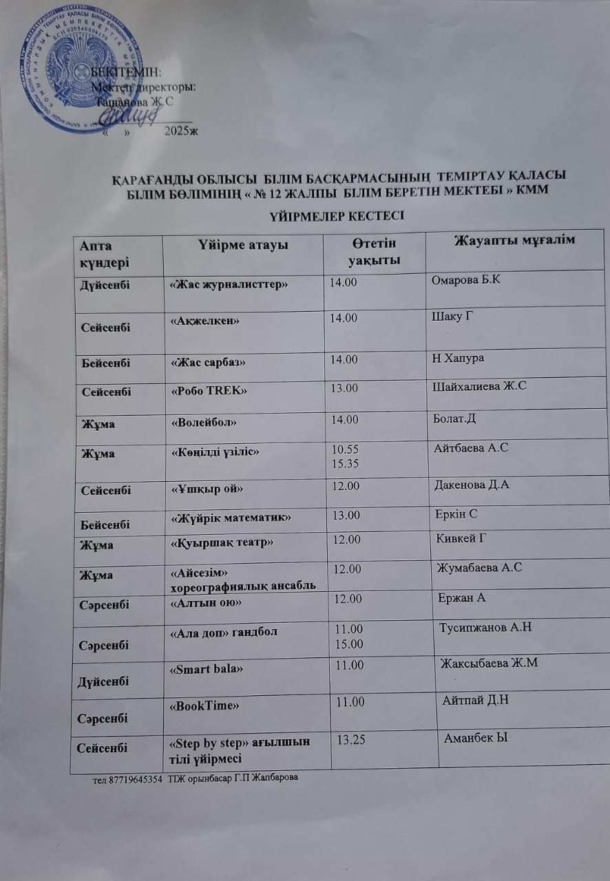 Үйірмелер кестесі